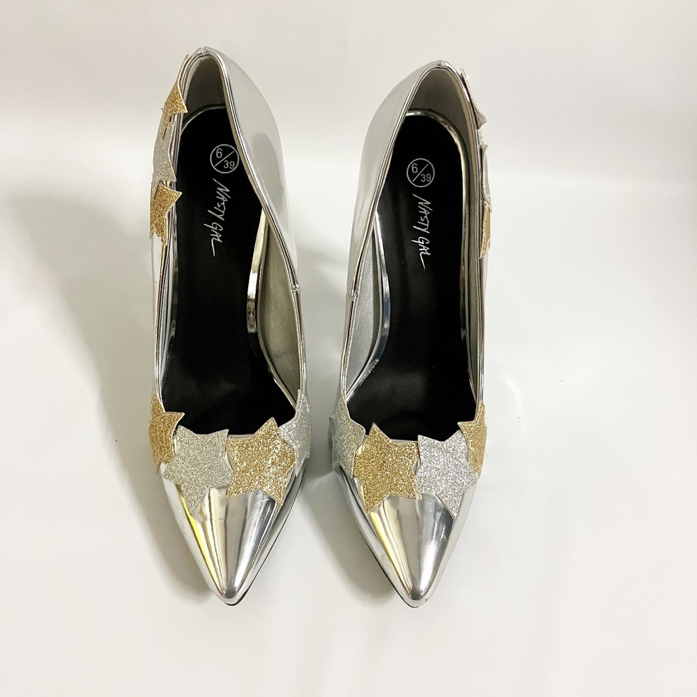 Nasty Gal Womens Silver Gold Glitter Stiletto Heel Shoes Platform Pumps Size 6